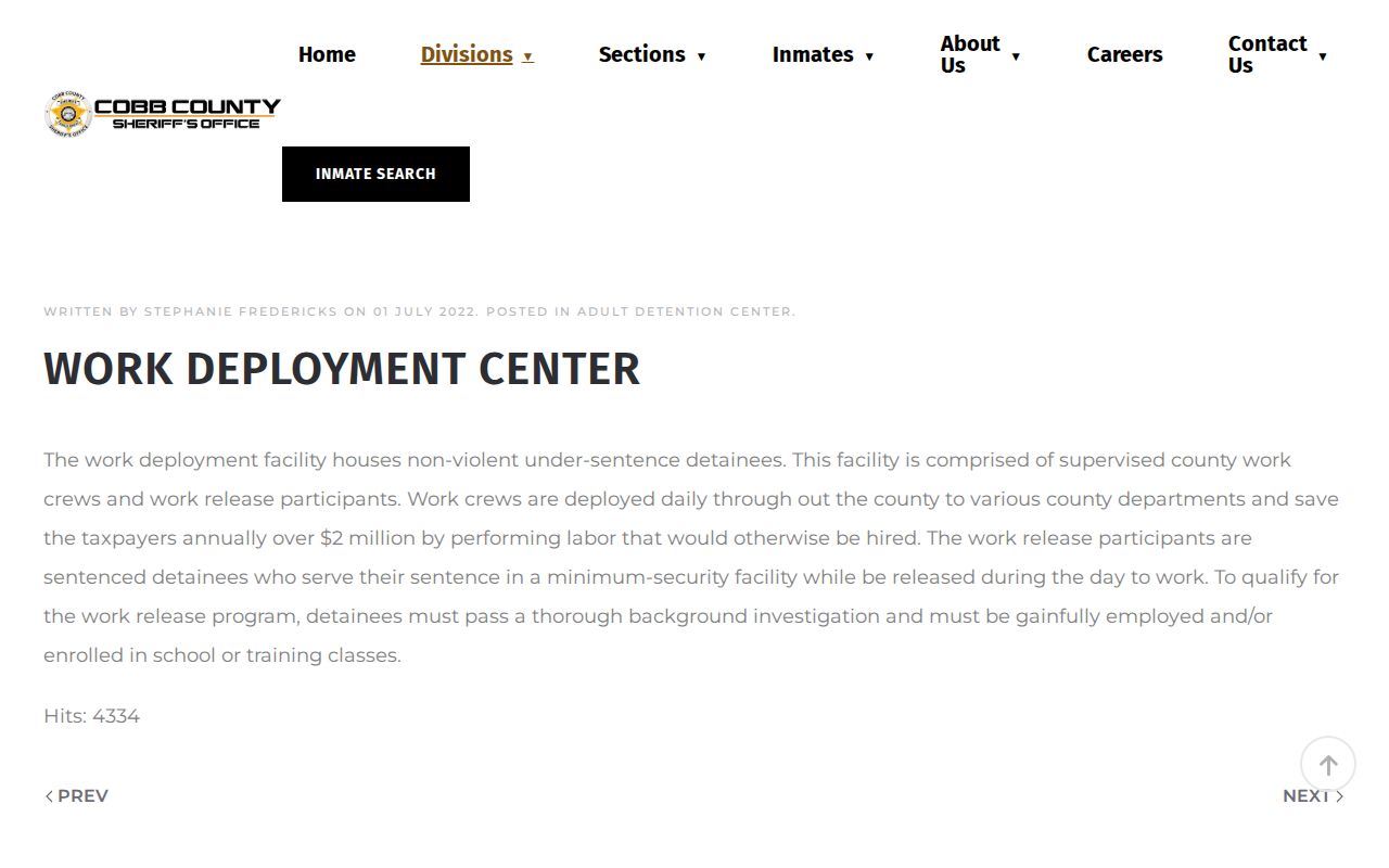 Cobb County Work Deployment Center release and custody information